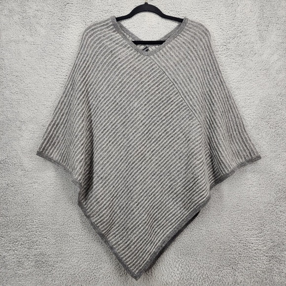 Sofia Cashmere Sweaters - Sofia Cashmere Striped V Neck Poncho One Size 100% Cashmere‎ Grey